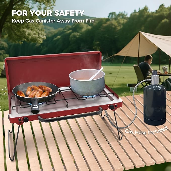 CAMPLUX Safari 2 Burner Propane Camping Stove 20,000 BTU, Portable 2 Burner Propane Camping Grill Stove with Foldable Legs, Push-Button Ignition, CSA Certified Regulator & Hose for Outdoor Cooking