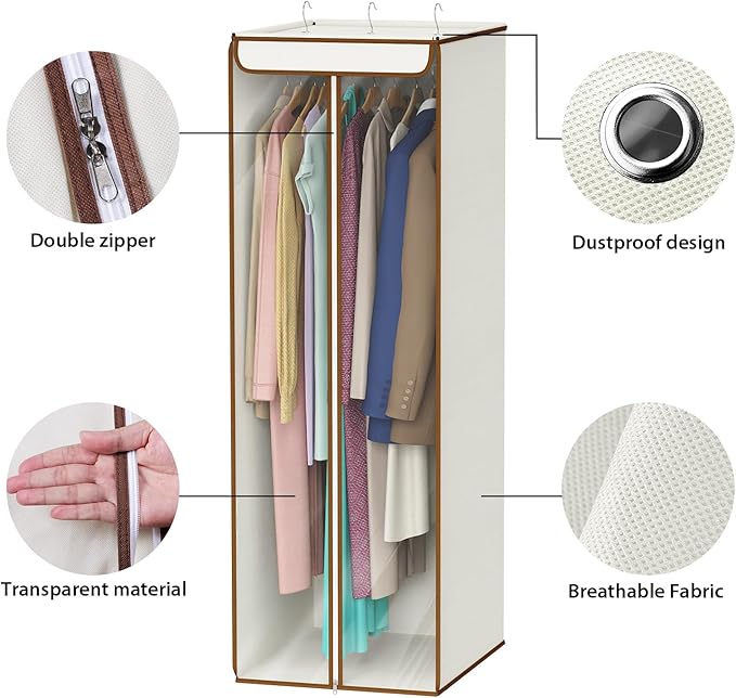 Univivi Garment Bags for Hanging Clothes, Large Clothes Storage Bags Closet Organizer with Clear Window, Premium Hanging Garment Storage Bag for Suits, Coats, Dresses, 54", 2 Pack (Beige)