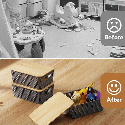8 Pcs Plastic Storage Bins with Bamboo Lid, Stackable Storage Bins with Lids & Labels for Organizing, Storage Bins for shelves Office Drawer Cabinet & Pantry Nursery Organization,10.2x7.2x4 .1In