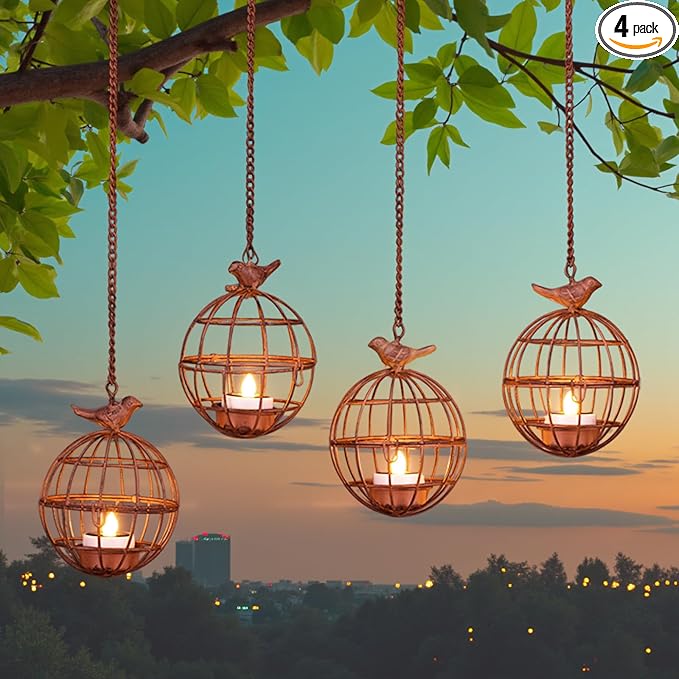 Outdoor Solar Hanging Lantern Lights, 4 Pack Rustic Ball Birdcage Hanging Candle Holder with Solar Tea Lights, Outdoor Waterproof Decorations for Patio, Backyard, Pergola, Tree Decor (Dark Orange)