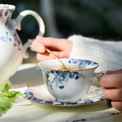 Bone China Tea Set for Adults, 13-Piece Blue and White Porcelain Tea Set for 4, Vintage Floral Tea Set With Teapot and Teaspoons
