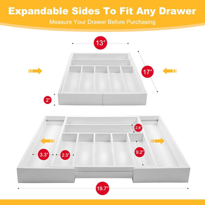 Large Premium Bamboo Silverware Organizer - Expandable Drawer Organizer & Utensil Organizer - 17"x19.7" Cutlery Tray with Dividers for Kitchen Utensils and Flatware (7-9 Slots) (White)