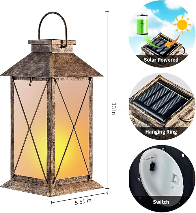 2 Pack Solar Lantern with Flickering Flame Candle, 13" Outdoor Waterproof Solar Lanterns Garden Decorative, Glass Hanging Lantern Metal for Outdoor Patio Yard Tabletop Decoration Mothers Day Gifts Mom