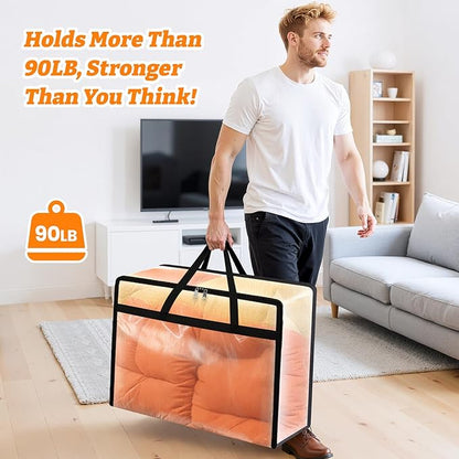 BlissTotes 4 Pack Clear Clothes Storage Bags, Moving Bags, Foldable Blanket Storage Under Bed Storage Containers with Sturdy Zipper and Handle for Clothing, Comforter, Bedding, Sheet (90L)