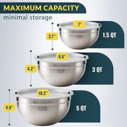 Baker's Signature Stainless Steel Mixing Bowls With Lid, Metal Mixing Bowl Set Of 3, Nesting Set For Food Prep, Baking,Storage, Cooking, Serving
