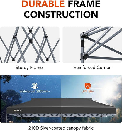 Amada 20x10 Pop Up Canopy Tent - Center Lock One Push Commercial Instant Canopies with 3-Height Adjustable & Wheeled Bag, 12 Stakes 6 Sandbags 6 Ropes, Great for Trade Shows, Events (20x10ft, Grey)