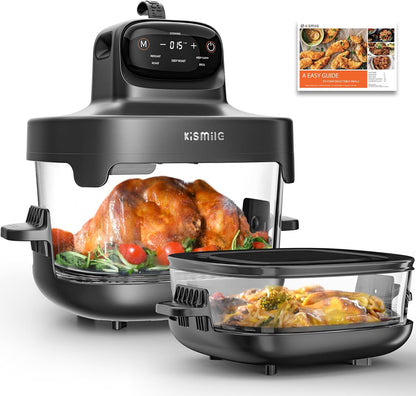 Kismile 5-in-1 Portable Glass Air Fryer, 2.6QT & 4.7QT Dual Glass Containers with Lids, 85% Less Oil, Compact Smart Air Fryer Oven for Deep Roast, Crisp, Keep Warm – Freezer & Dishwasher Safe