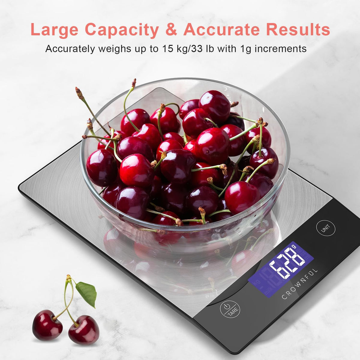 Crownful Food Scale, Rechargeable 304 Stainless Steel Digital Kitchen Scale Upto 33lb Weight Grams and Ounces with LCD Display and Type-C Charging