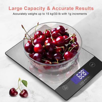 Crownful Food Scale, Rechargeable 304 Stainless Steel Digital Kitchen Scale Upto 33lb Weight Grams and Ounces with LCD Display and Type-C Charging