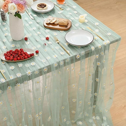 Horaldaily Green Embroidery Daisy Spring Summer Gauze Tablecloth 60×104 Inch Rectangular, Seasonal Tulle Table Cover, Garden Party Decorations for Wedding, Party, Holiday Dining
