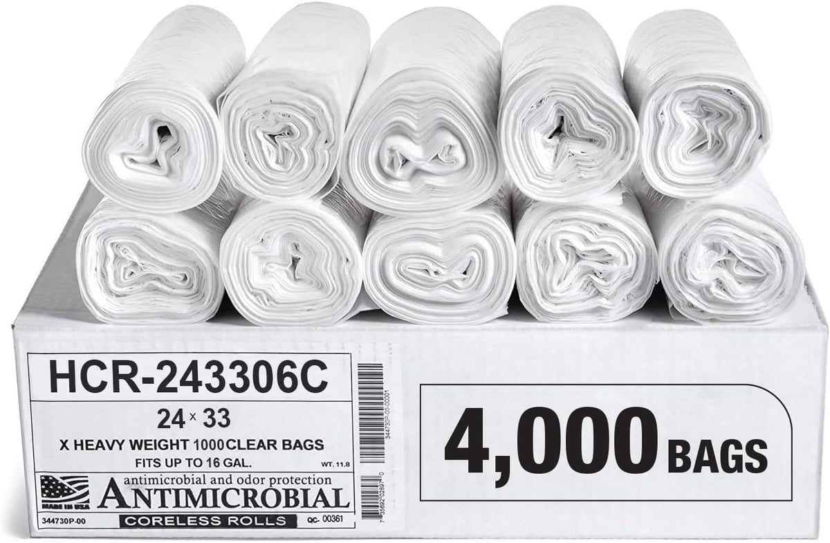 Aluf Plastics High Density Trash Bags, 16 Gallon, 4000 Count, 6 Micron (eq), 24" x 33", Clear, for Bathroom, Office, Industrial, Commercial, Janitorial, Municipal, Recycling