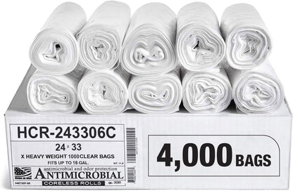 Aluf Plastics High Density Trash Bags, 16 Gallon, 4000 Count, 6 Micron (eq), 24" x 33", Clear, for Bathroom, Office, Industrial, Commercial, Janitorial, Municipal, Recycling