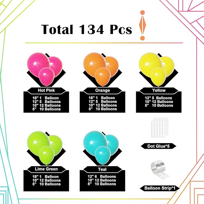 Lukiituke Tropical Balloon Arch Kit, 134Pcs Summer Balloons, 4Sizes Hot Pink Yellow Orange Lime Green Teal Rainbow Balloon for Summer Hawaiian Birthday Pool Party Decorations