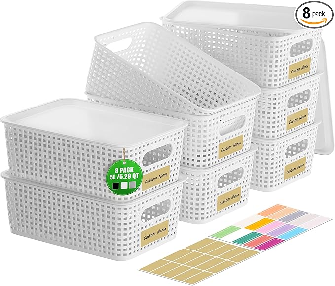 8 Pcs Plastic Storage Baskets with Lids, Stackable Storage Bins with Lids & Labels for Organizing, Small Storage Bins for shelves Office Drawer Cabinet & Pantry Nursery Organization,10.2*7.2*4.1In