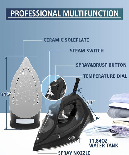 Steam Iron for Clothes, 1500W Iron with Rapid Heating, Non-Stick Ceramic Soleplate, Burst of Steam, Self-Cleaning, Auto-Off, Anti-Drip, 11.84oz Water Tank Ironing Clothes for Home, Black