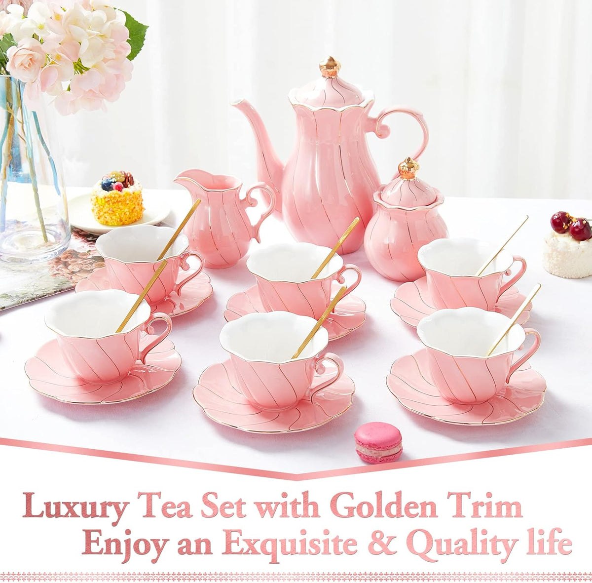 DUJUST 22 pcs Porcelain Tea Set for 6, Luxury British Style Tea/Coffee Cup Set with Golden Trim, Beautiful Tea Set for Women, Tea Party Set, Gift Package (With a Stand) - Pink