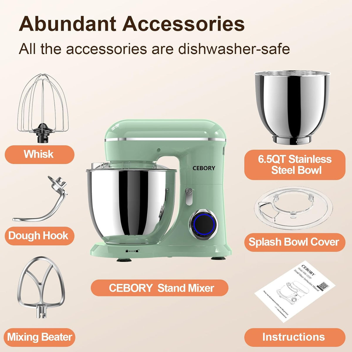 3-IN-1 Electric Stand Mixer, 6.5QT Bowl 660W 10-Speed Kitchen Mixer, Household Food Mixers include Dough Hook, Beater and Whisk