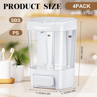 Hushee 4 Pcs Plastic Wall Mounted Soap Dispenser Commercial Manual Soap Containers Wall Dispenser for Kitchen Shower Hotel Liquid Shampoo Gel Chamber(27 oz 800 ml,White)