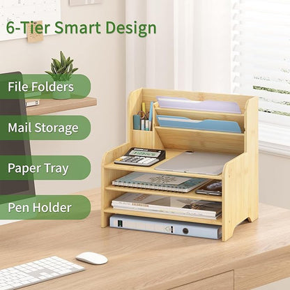 Desk File Organizer - 6-Tier Desktop Mail Letter Tray Paper Document Organizer with Pen Holder for Home Office Supplies, Office Desk Accessories & Workspace (Nature)