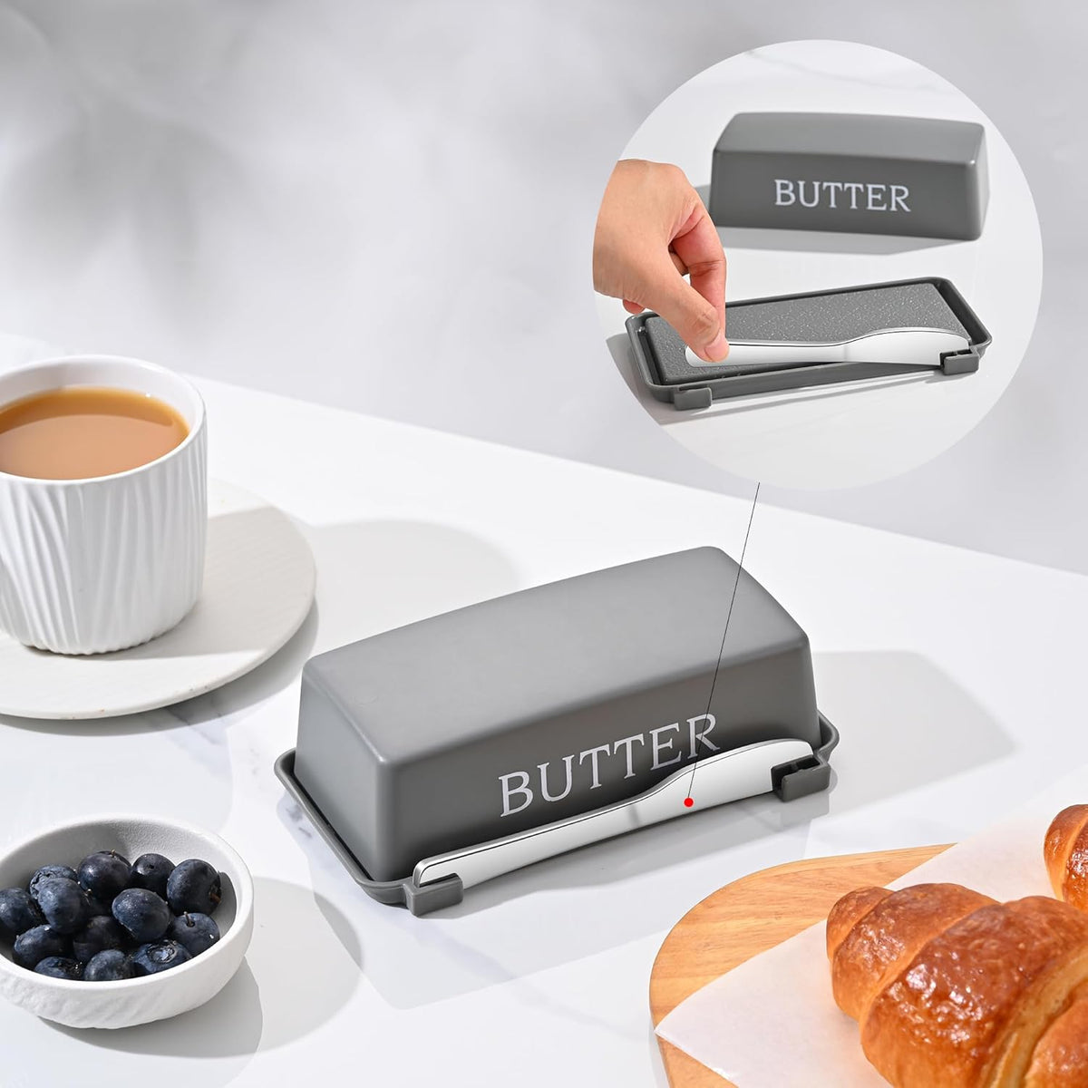 Butter Holder With Cover And Knife,Food Grade Plastic Butter Dishes With Lid And Spreader,Grey Cheese Storage Container For Countertop