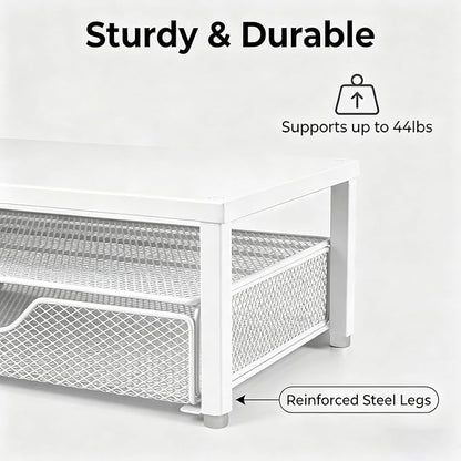 Spacrea Desk Organizer and Accessories, Computer Monitor Stand Riser with Drawer and 1 Open Pen Holder, Printer & Laptop Stand, Office Desk Accessories for Home Office Supplies (White)