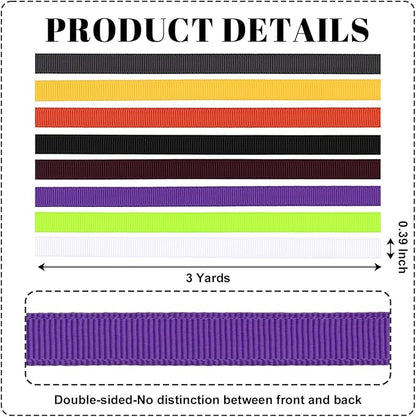 Halloween 3/8 Inch Grosgrain Ribbon Set, 8 Pack x 3 Yards (24 Yards Total), Craft Ribbon for Trick or Treat Bags Spooky Wreaths Party Favors and Fall Decor