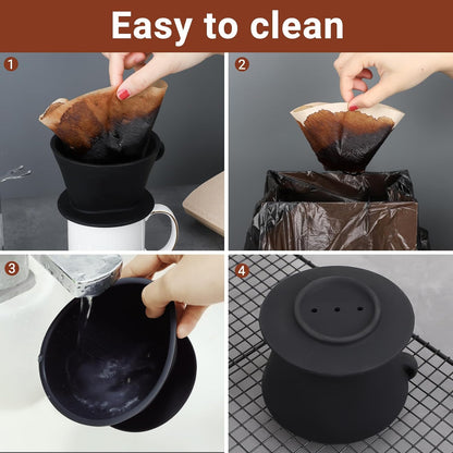 Segarty Pour Over Coffee Maker Set, Black Silicone Dripper Single Cup With 200 Count Cone Filters Paper Size 2