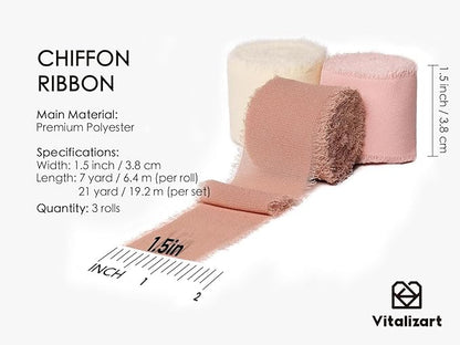 Vitalizart Pink Handmade Chiffon Silk Ribbon Fringe 1.5" x 21 Yd Blush Pink & White Frayed Edges Ribbons for Wedding Invitations Bridal Bouquets Gifts Wrapping Crafts Holiday Party Decorations