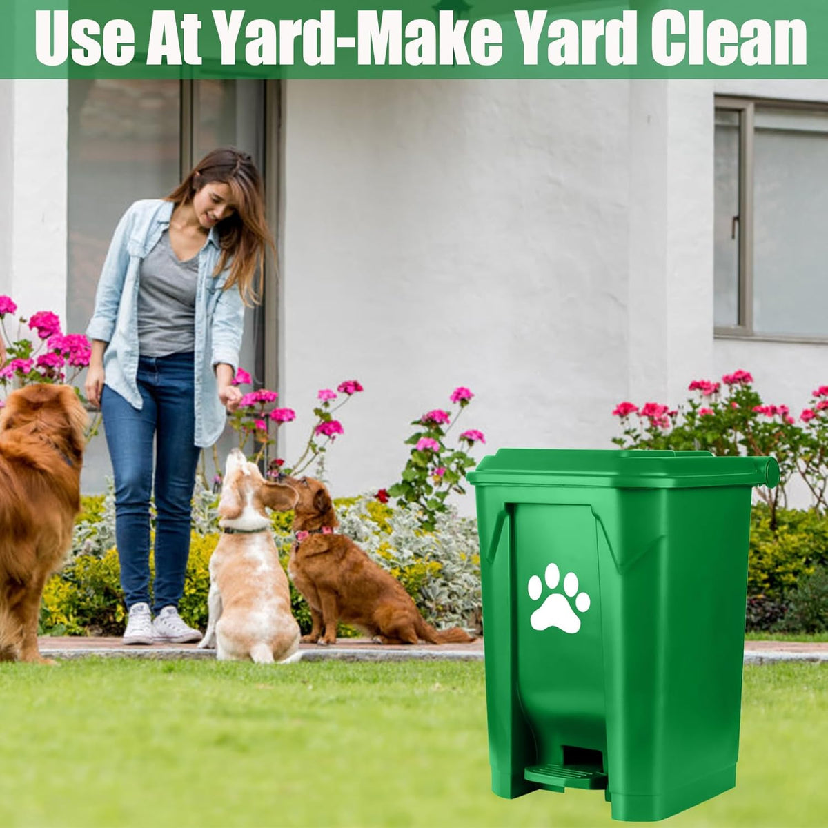Outdoor Dog Poop Trash Can, Dog Waste Trash Can Pooper Scooper for Yard Garden Kitchen with Lid, Pedal, Removable Inner Bin, Large Waste Bag, Green (Fully Assembled)
