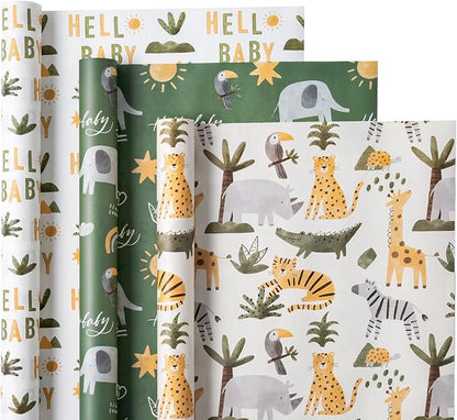 WRAPAHOLIC Kraft Baby Shower Wrapping Paper - Mini Roll - 3 Rolls - 17 Inch x 120 Inch - Jungle Animal Wrapping Ppaer for Neutral Baby Shower, Kids Boys Girls Birthday
