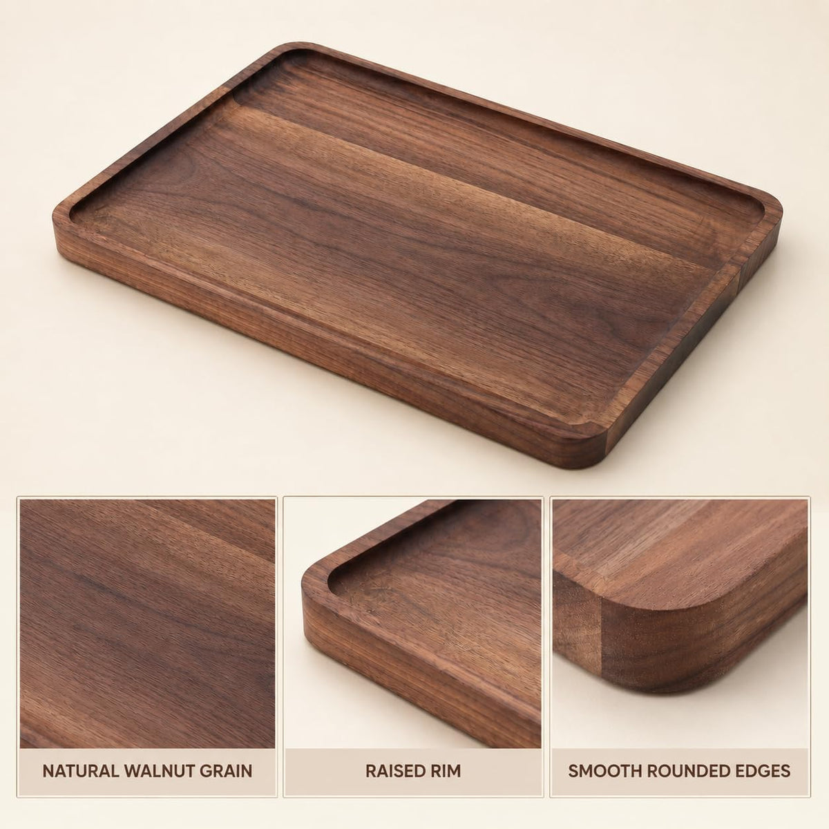 Walnut Wood Serving Tray, 13.4 x 9 Inch Rectangular Platter with Raised Rim