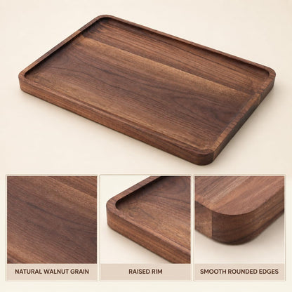 Walnut Wood Serving Tray, 13.4 x 9 Inch Rectangular Platter with Raised Rim