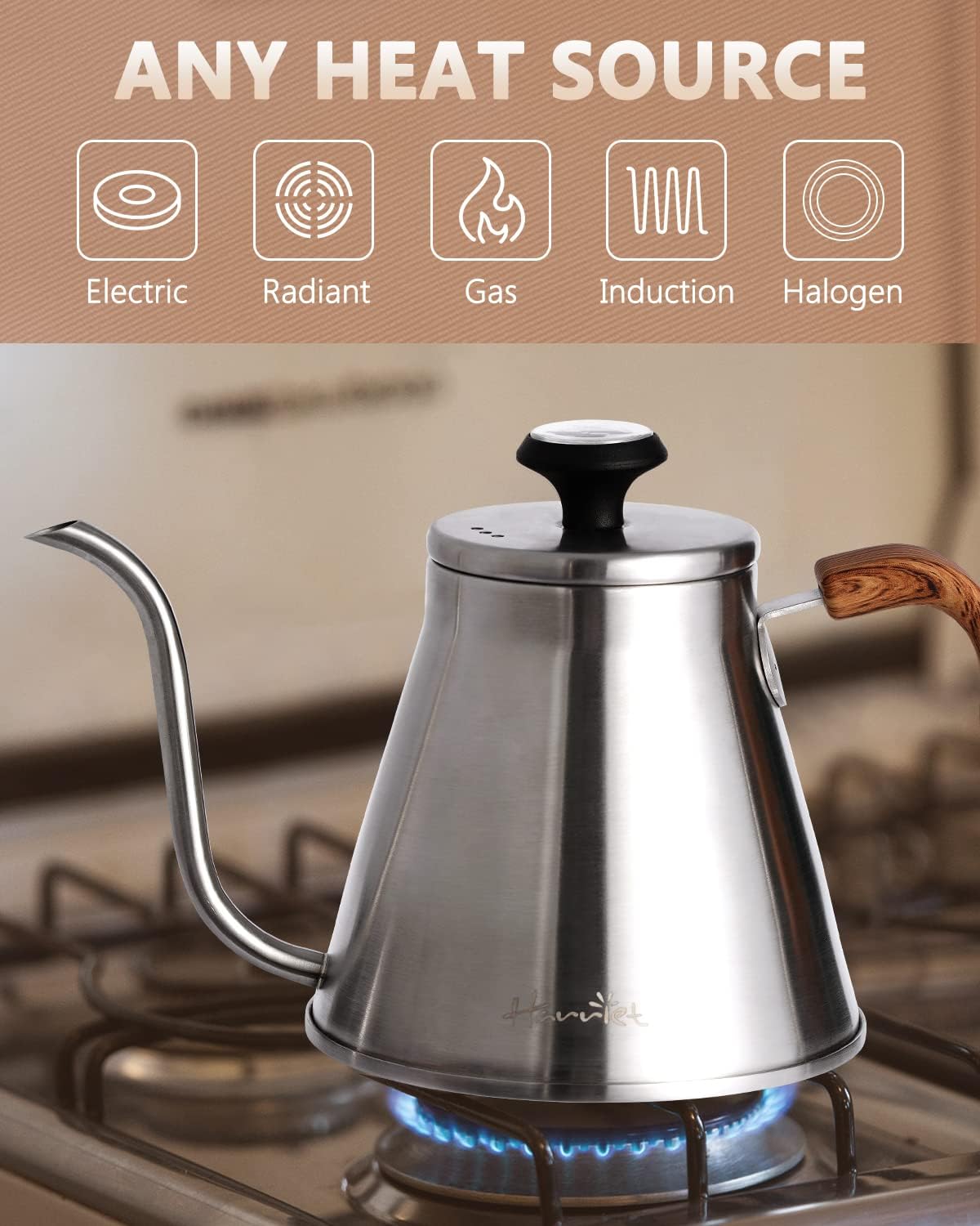 Harriet Gooseneck Kettle with Thermometer for Pour Over Coffee and Tea, 37 fl oz, Stainless Steel, Durable 3-Layer Base