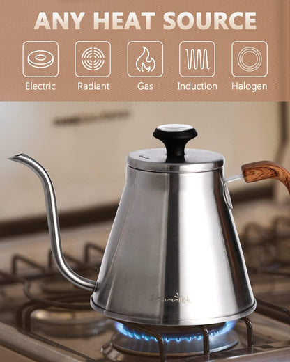 Harriet Gooseneck Kettle with Thermometer for Pour Over Coffee and Tea, 37 fl oz, Stainless Steel, Durable 3-Layer Base