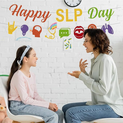 National SLP Day Decorations - 2PCS Gittler Happy SLP Day Speech Language Pathologist Awareness Banners Decor, Colorful Speech Therapy Month Party Supplies (No-DIY)