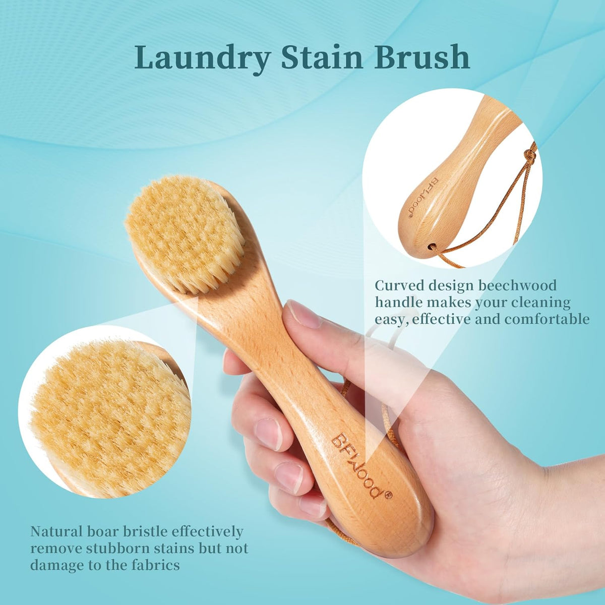 BFWood 2PCS Laundry Stain Brush - Natural Soft Boar Bristles, Removes Tough Stains from Delicate Fabrics Like Knits, Cotton, and Linens, Gentle on Fabrics, No Damage