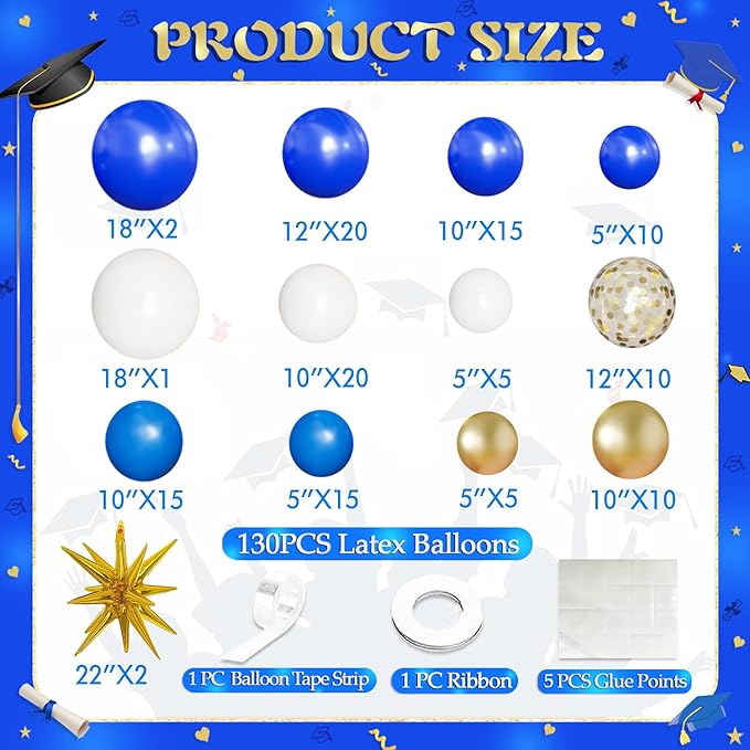 Blue White Gold Balloon Arch Kit Graduation Decorations 2026, 130Pcs Blue and White Balloons and Foil Star Balloon with Confetti Ribbons Grad Party Decorations for College High School Class of 2026