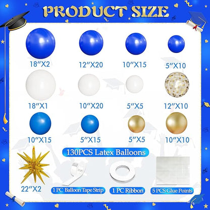Blue White Gold Balloon Arch Kit Graduation Decorations 2026, 130Pcs Blue and White Balloons and Foil Star Balloon with Confetti Ribbons Grad Party Decorations for College High School Class of 2026