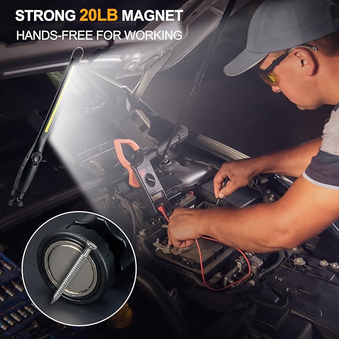 Magnetic LED Work Light, 24" USB Cable, 3300mAh Capacity, 4-Level Power Indicator Lights, 360 Pivoting Base, 20" Pull Force, 72 Hours of Low Brightness