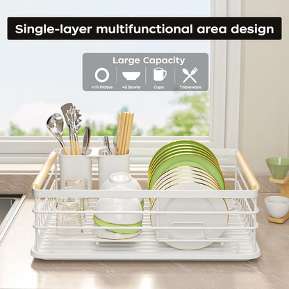Dish Racks for Kitchen Counter: Wooden Handles, Thickened Metal, No Assembly. Small Dish Drying Rack: Ideal for Small Households. Drying Rack Kitchen: White