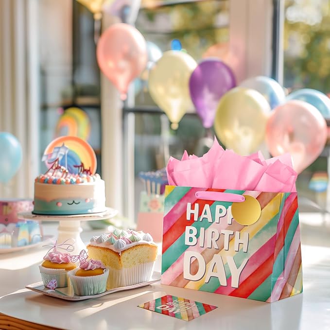 BGTCARDS Birthday Gift Bag with Tissue Paper and Card, Happy Birthday Gift Bags for Party, Reusable Gift Bag for Presents with Handles - 13”x 10”x 5”, 1PCS