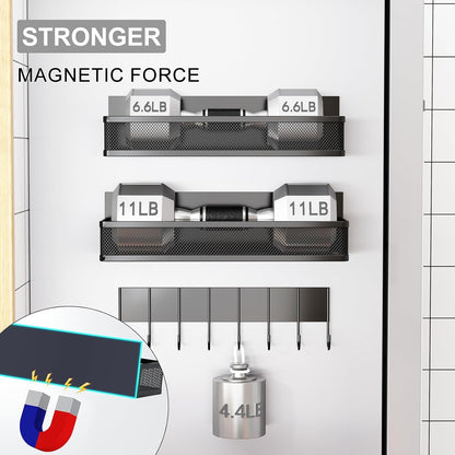 Magnetic Spice Rack for Refrigerator, 5 Pack Magnetic Shelf, Moveable Magnetic Fridge Organizer with an 8-Hook Rack, Seasoning Organizer for Kitchen Organization (Extra with 8 Hooks)