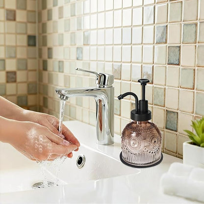 SheeChung Vintage Soap Dispenser, Kitchen Dish Soap Dispensers with Pump Mat, Glass Hand Soap Dispenser for Bathroom, Liquid, Lotion, Refillable, Rustic Farmhouse Decor-Brown (Black Pump, 2 pk)