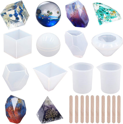 EuTengHao 18Pcs DIY Silicone Resin Casting Molds Tools Set Includes 6 Resin Casting Molds Large Clear Silicone Molds 2 Measurement Cup 10 Wood Sticks