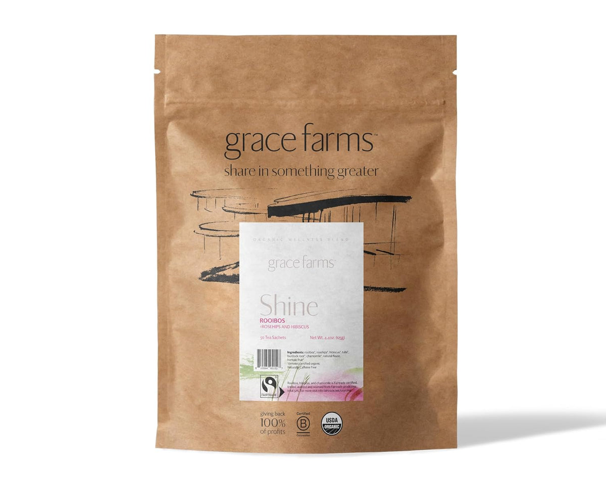 Grace Farms Shine Wellness Organic Tea Blend (50 Pyramid Sachets) | Hydrating Tea For Skin and Detox | Rooibos, Rosehips, Hibiscus, Tulsi, Haritaki | Fairtrade and Kosher | Gives Back 100% of Profits