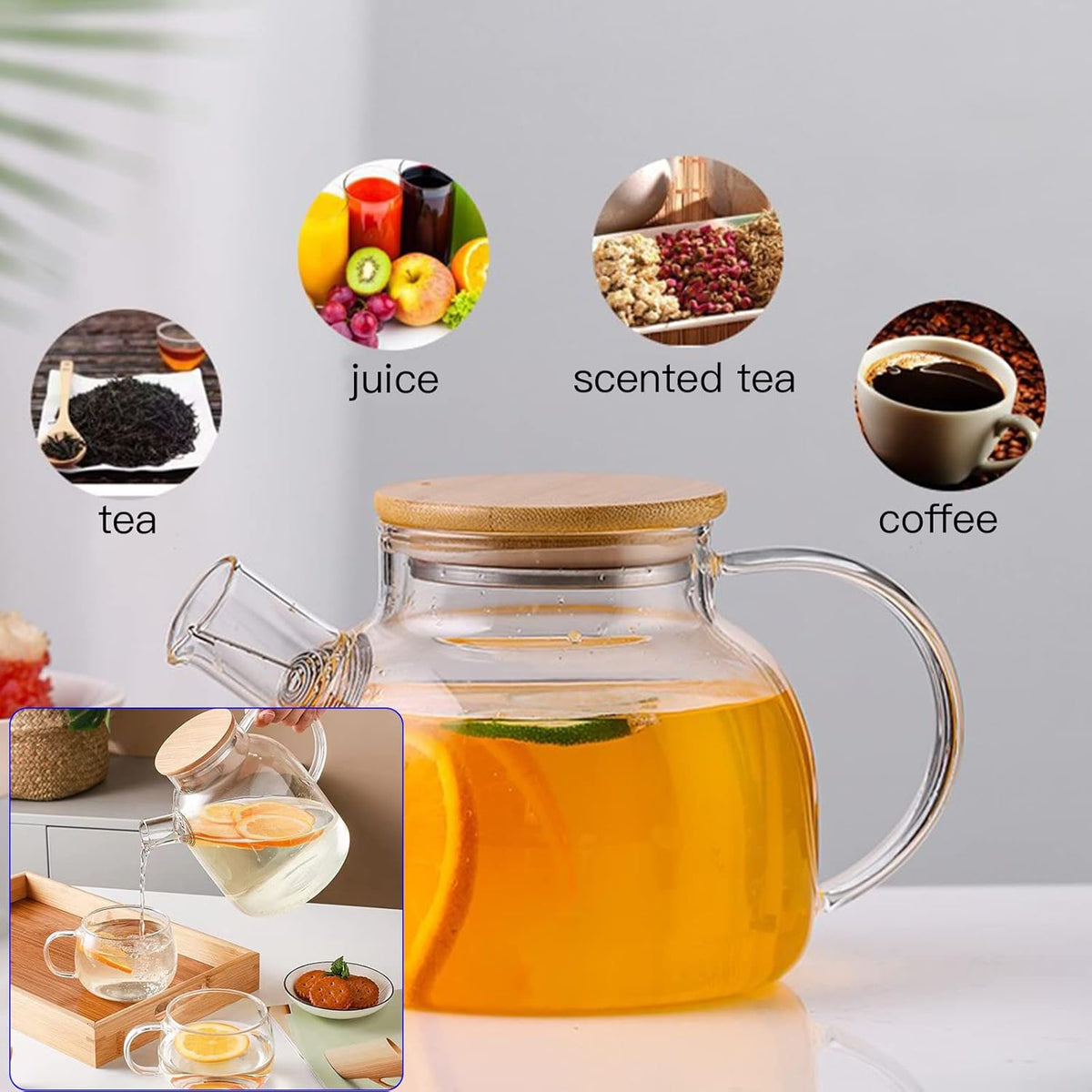 Glass Teapot 34oz/1000ml, Stovetop & Microwave Safe Borosilicate Tea Pot,Clear Teapot with Strainer