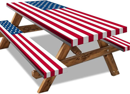 6FT American Flag Picnic Table Cover with Bench Covers Set 4th of July Waterproof Windproof Camping Rectangle Tablecloths with Elastic Fitted Picnic Table Cover for 4th of July Outdoor Decor