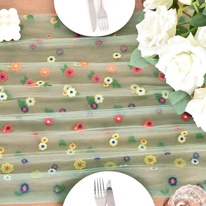 Joanlody Sage Green Embroidery Daisy Spring Summer Table Runner Florals Seasonal Easter Tulle Table Runner Holiday Kitchen Dining Table Decoration for Home Party Indoor