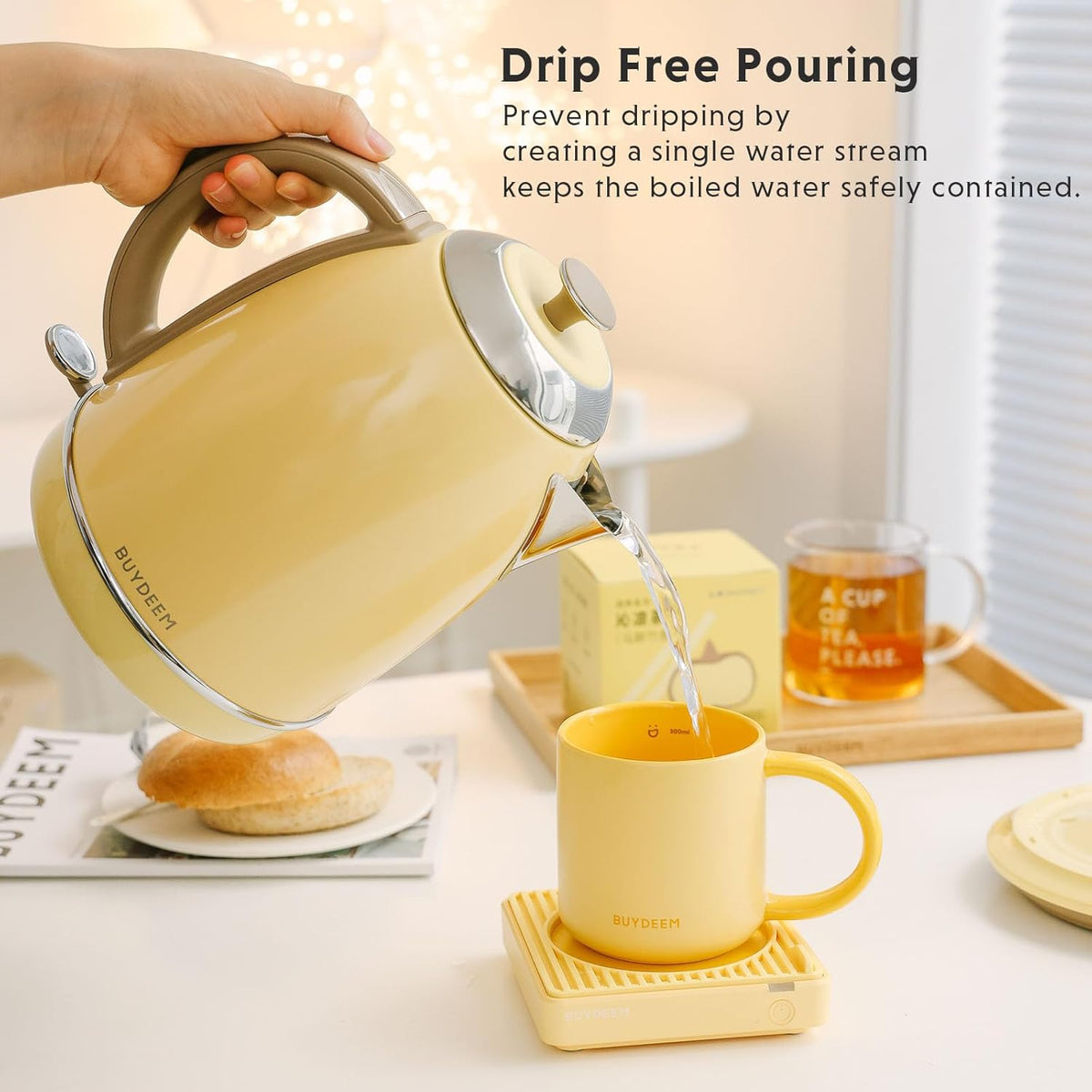 Buydeem K640 Stainless Steel Electric Tea Kettle with Auto Shut-Off and Boil Dry Protection, 1.7 Liter Cordless Hot Water Boiler with Swivel Base