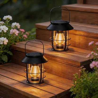 Solar Lanterns Outdoor Waterproof, High Brightness Hanging Solar Lights for Outside with Wall Hooks, Halloween Decor Retro Metal Outdoor Lanterns Auto On/Off for Patio, Yard Decor, Black,4Pack